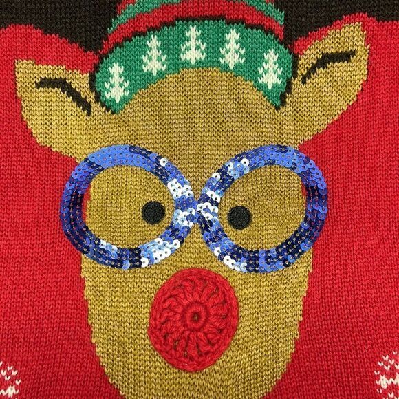 United States Sweater Red Christmas Crewneck Sweater with Reindeer & Bells-Small - Picture 11 of 16